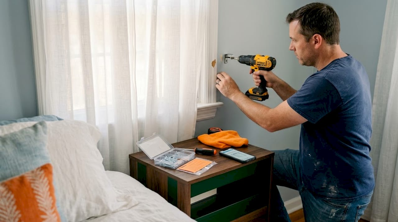 Man drilling bracket for curtain rod