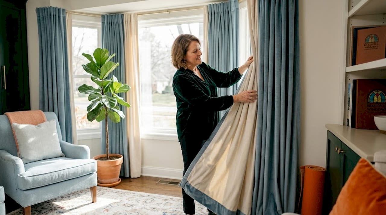 Woman adjusting heavy drapes in living room