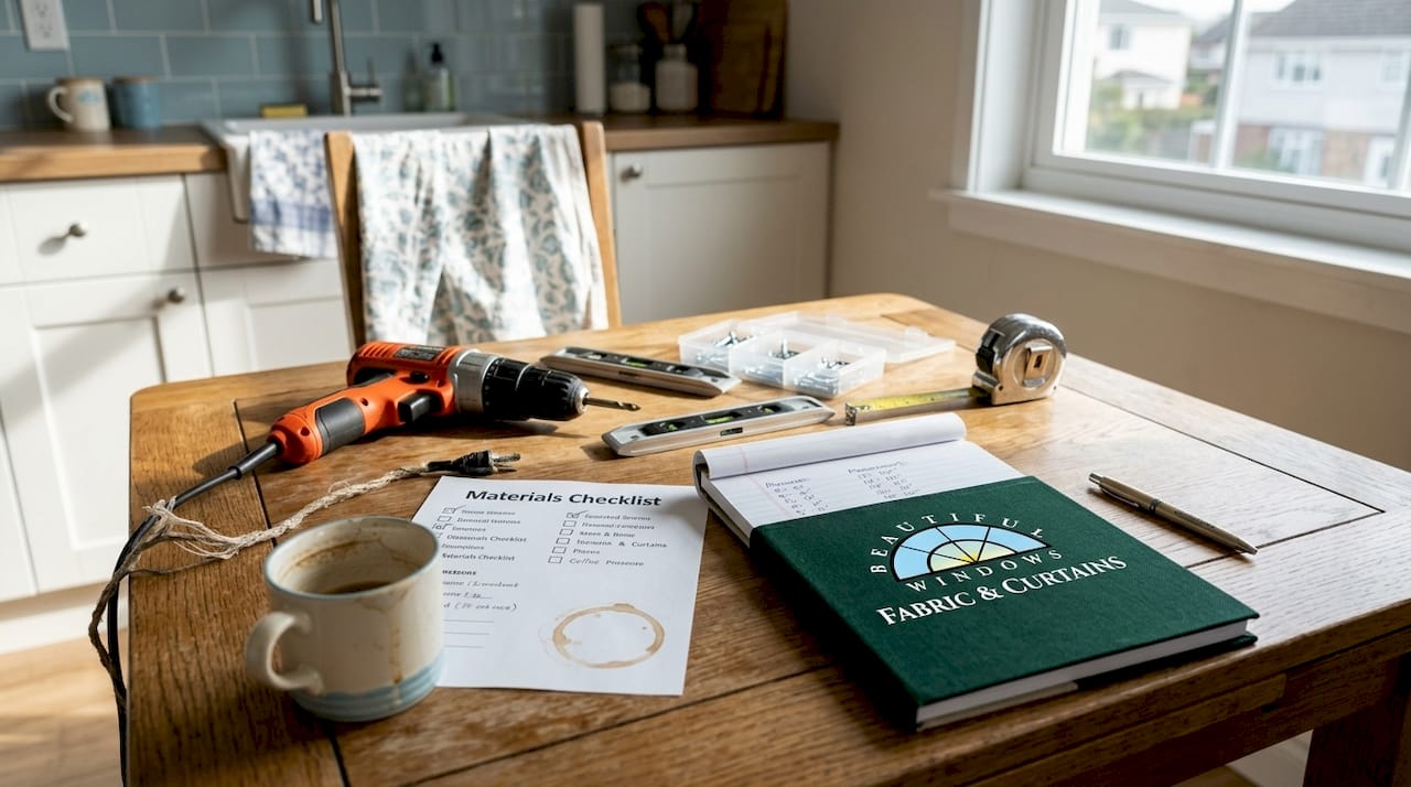 Curtain hardware tools arranged on kitchen table