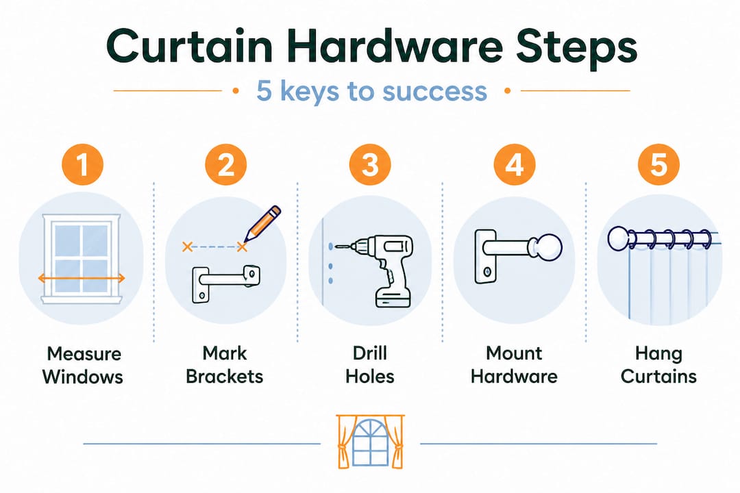 Infographic showing five steps for curtain hardware setup