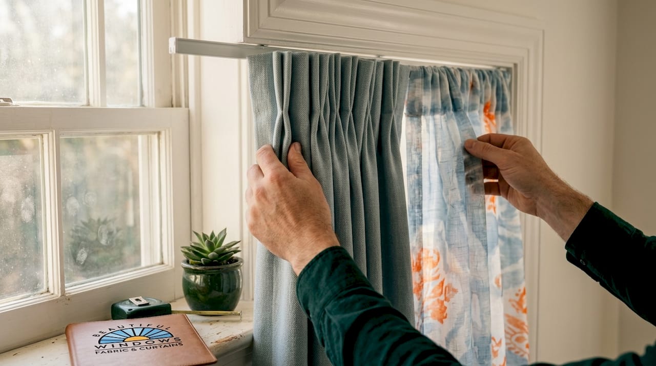 Hands comparing drapery and curtain headers