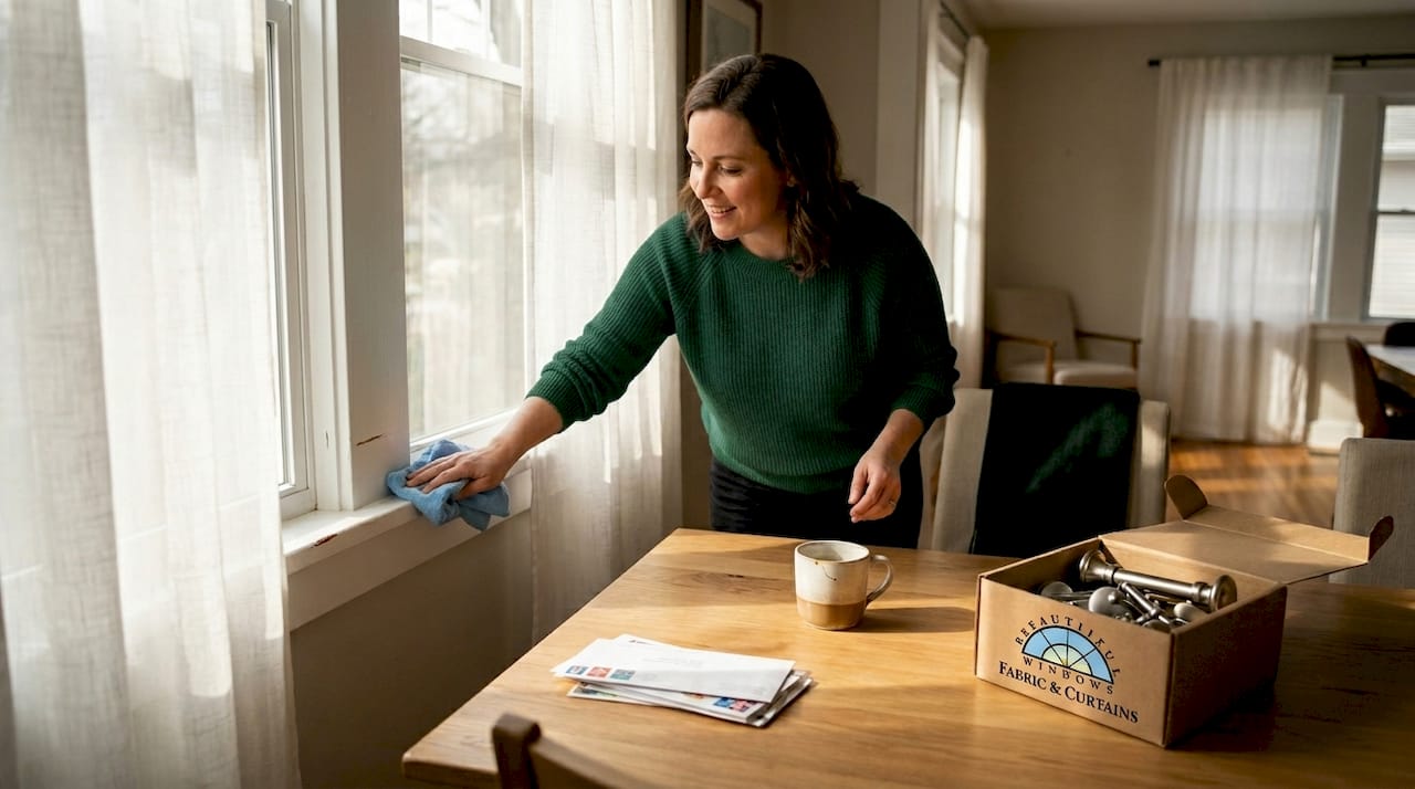 Homeowner cleaning window trim before measuring