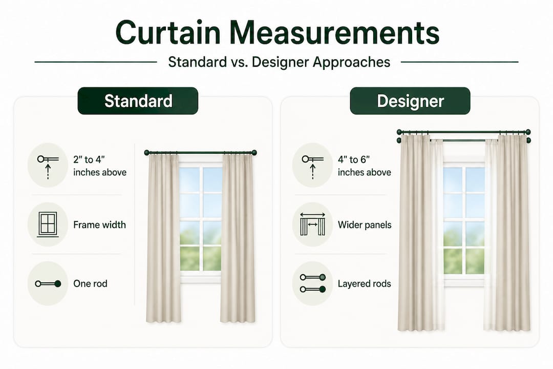 Infographic comparing standard and designer curtain measuring methods