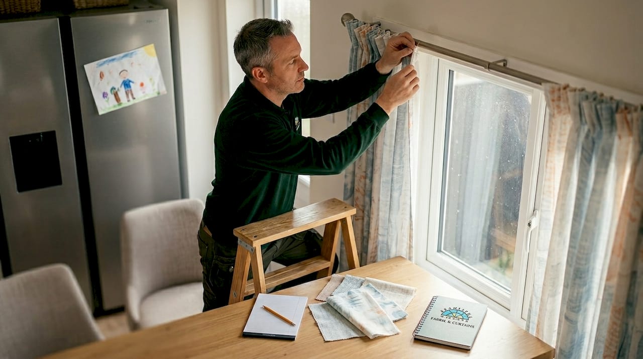 Man installing curtains in everyday dining room