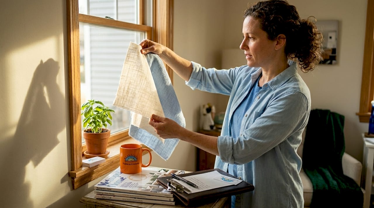 Homeowner compares fabric samples in sunlight