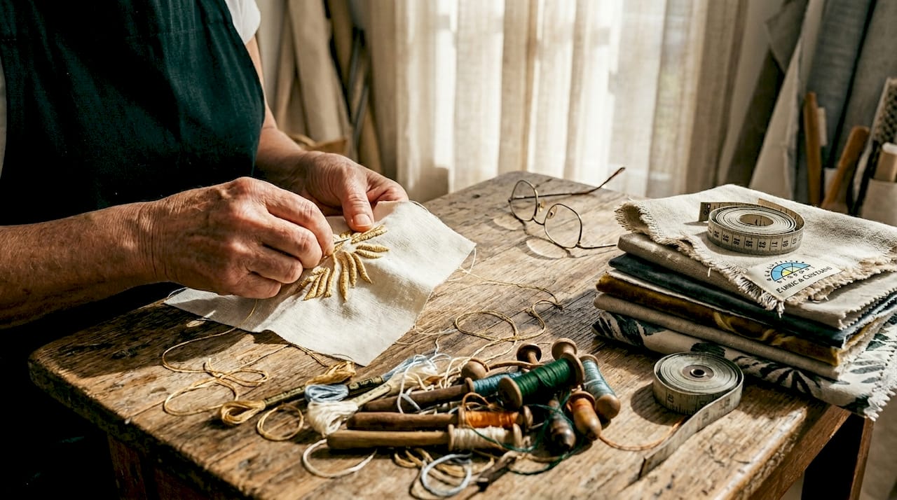 Hands embroidering textile in artisanal studio