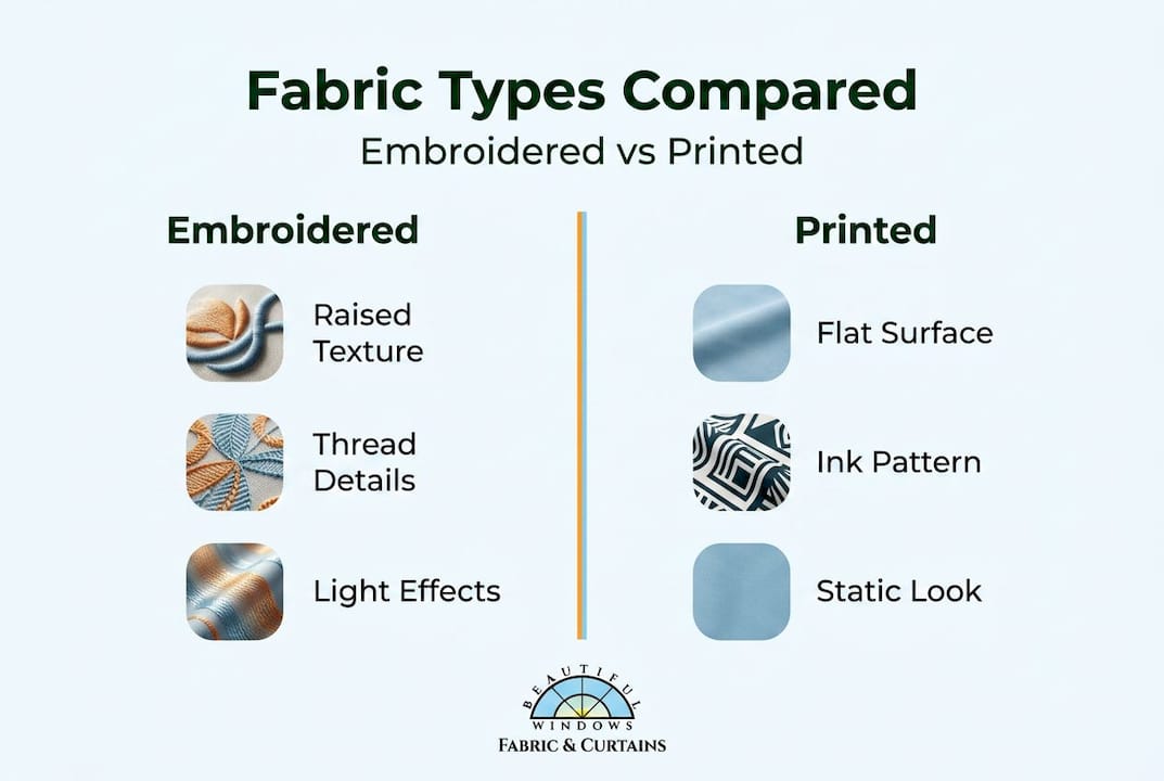 Infographic comparing embroidered and printed fabric features