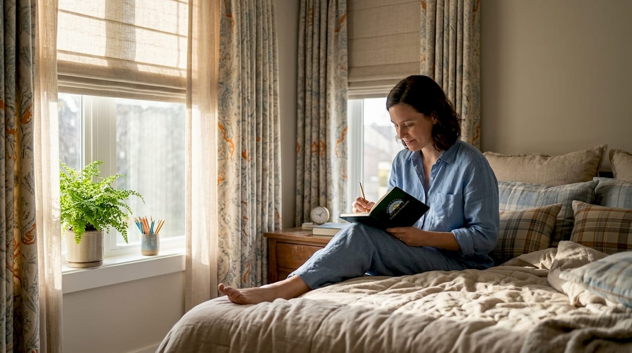 Bedroom featuring stylish layered window treatments