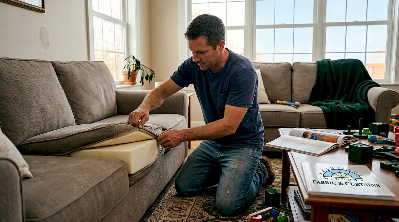Man inspecting couch cushion foam filling