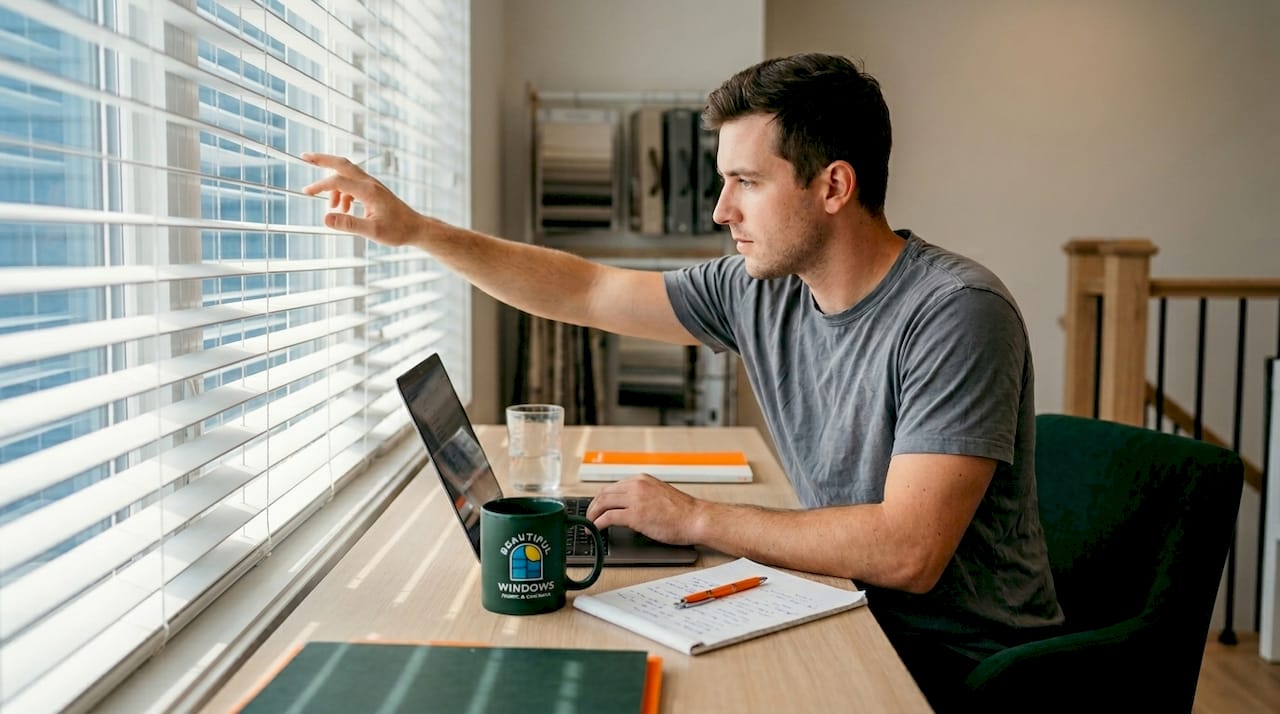 Man adjusting window blinds in home office
