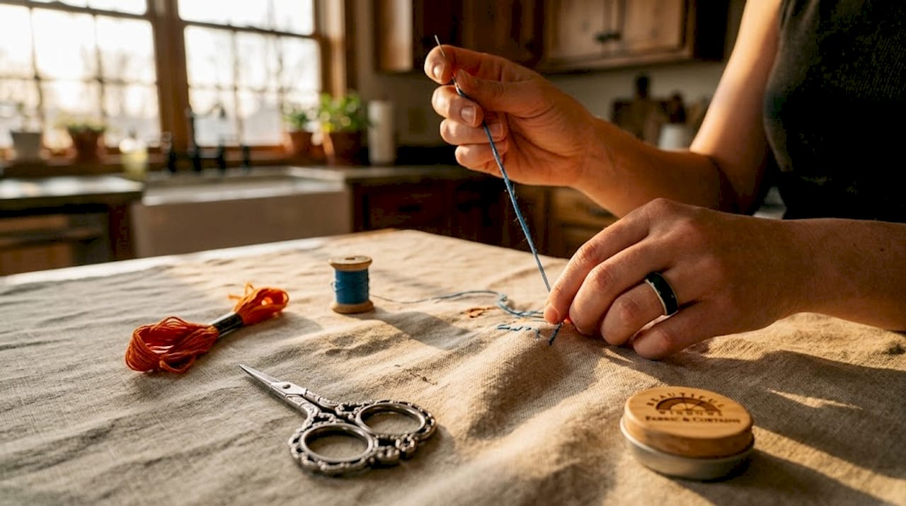 Hands embroidering close up on linen napkin