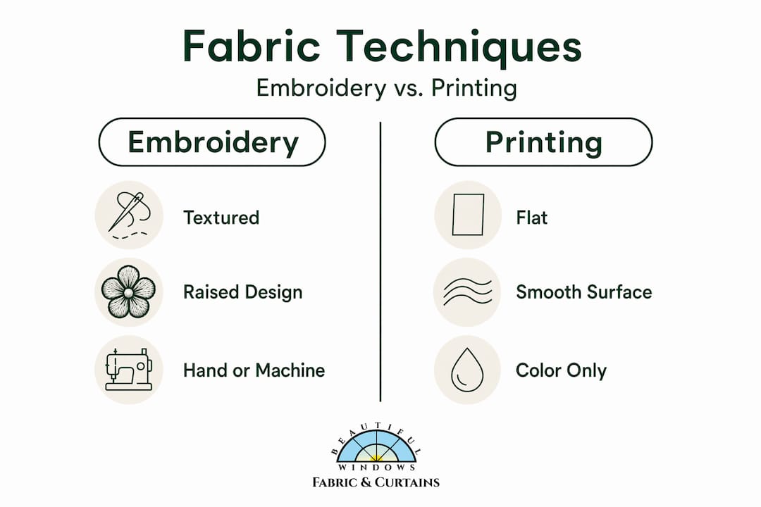 Infographic comparing embroidery and printing fabric
