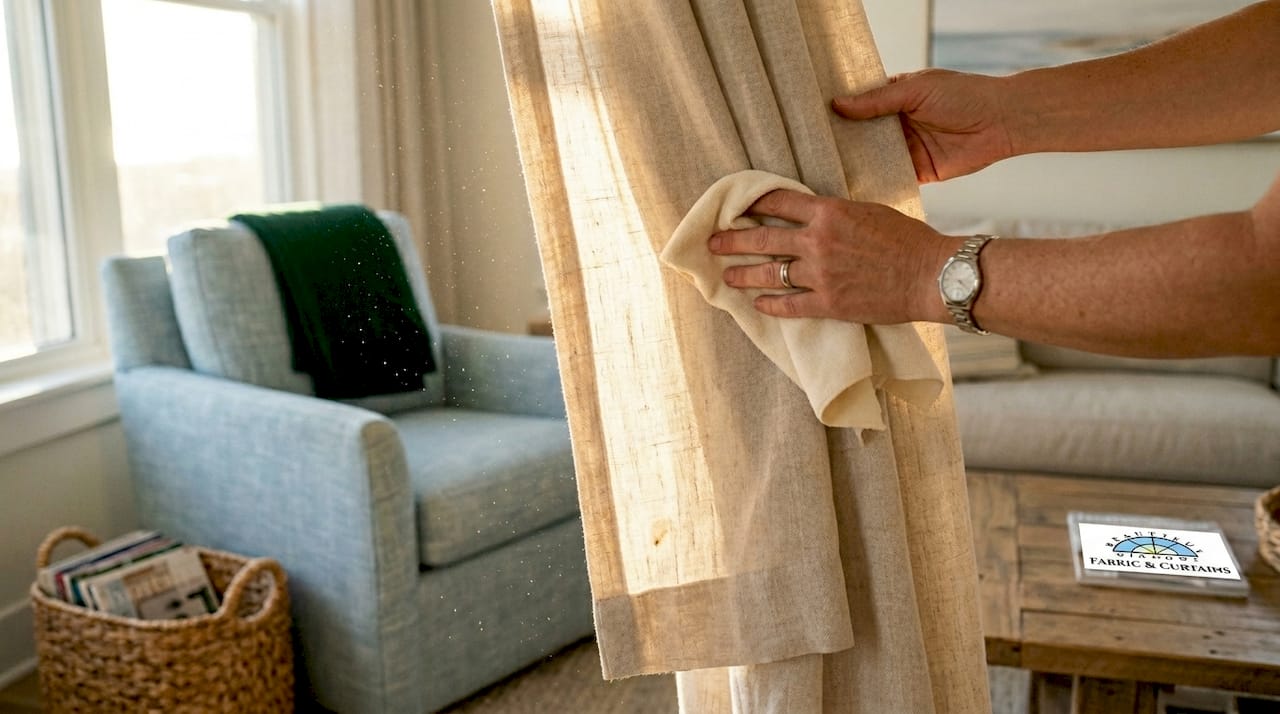 Hands cleaning velvet drapery with cloth