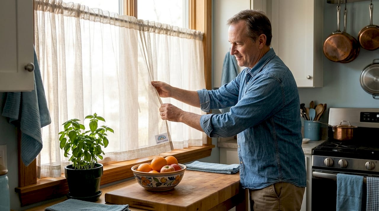 Man blocking sunlight with blackout curtains