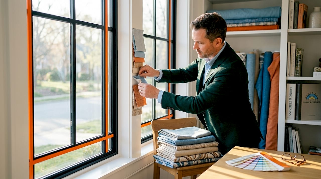 Designer evaluates fabric samples at window