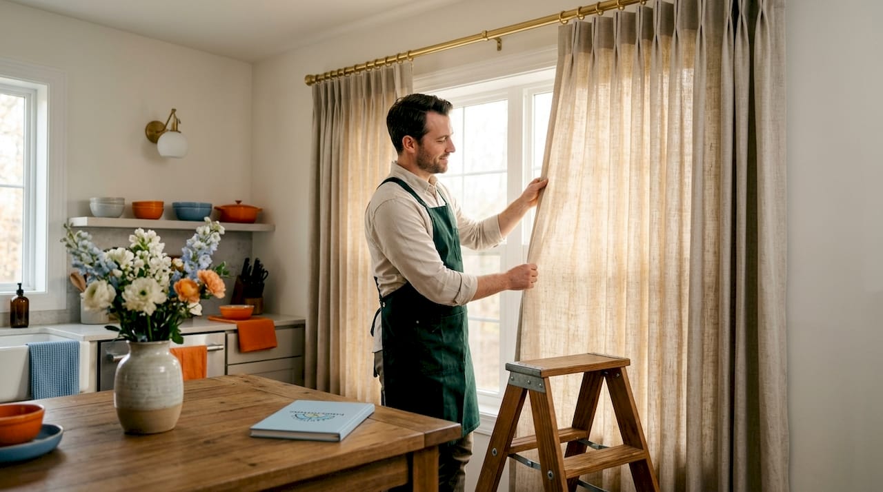 Fabricator adjusting custom drapery in living room