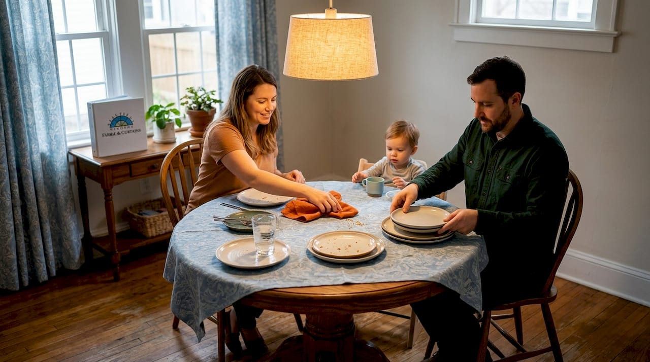 Family cleaning textured table after dinner