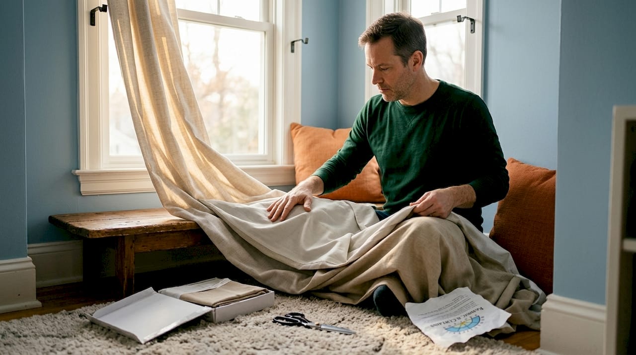 Man comparing lined and unlined curtain panels