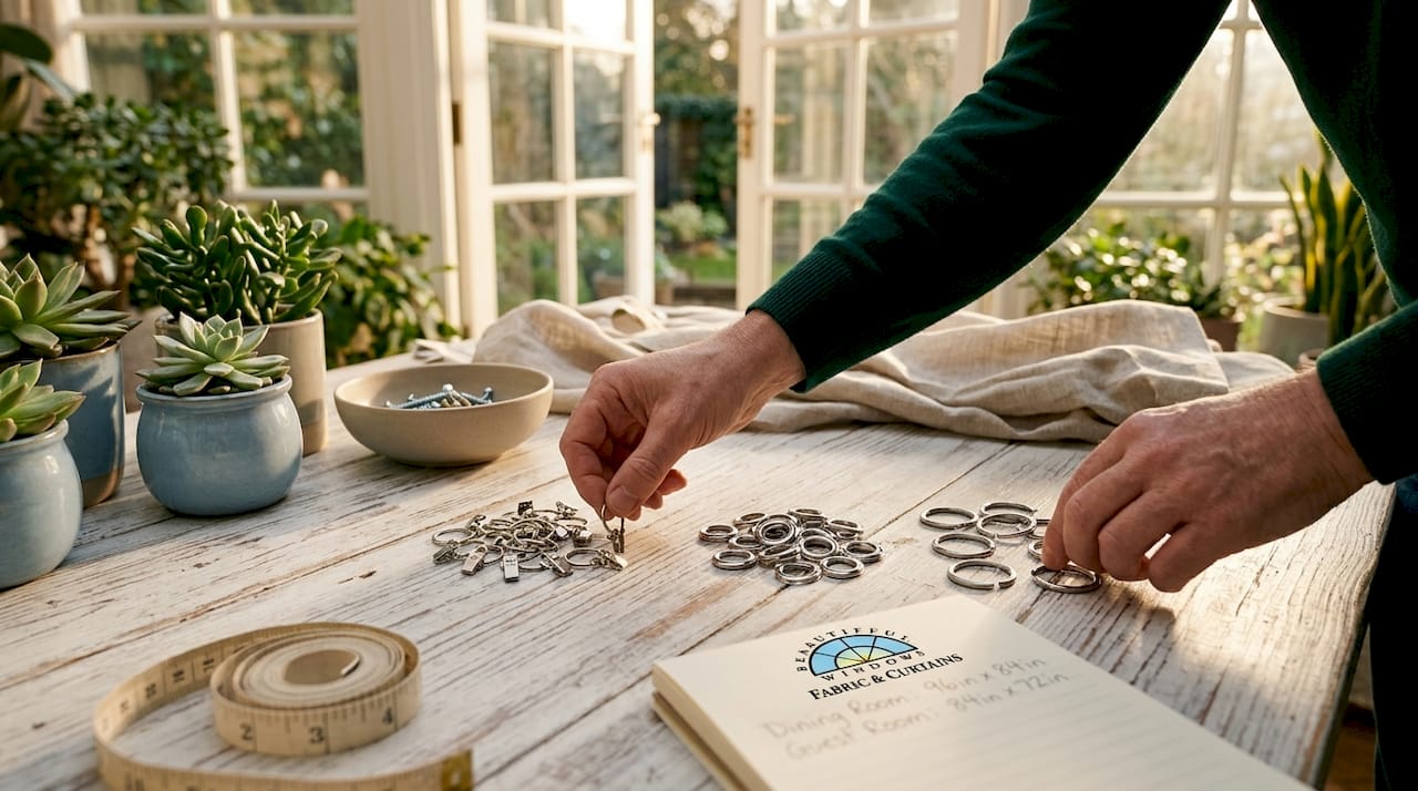 Hands showing clip-on, eyelet, and C curtain rings