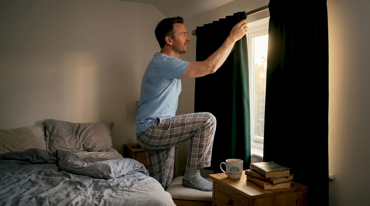 Man installs blackout curtains in bedroom
