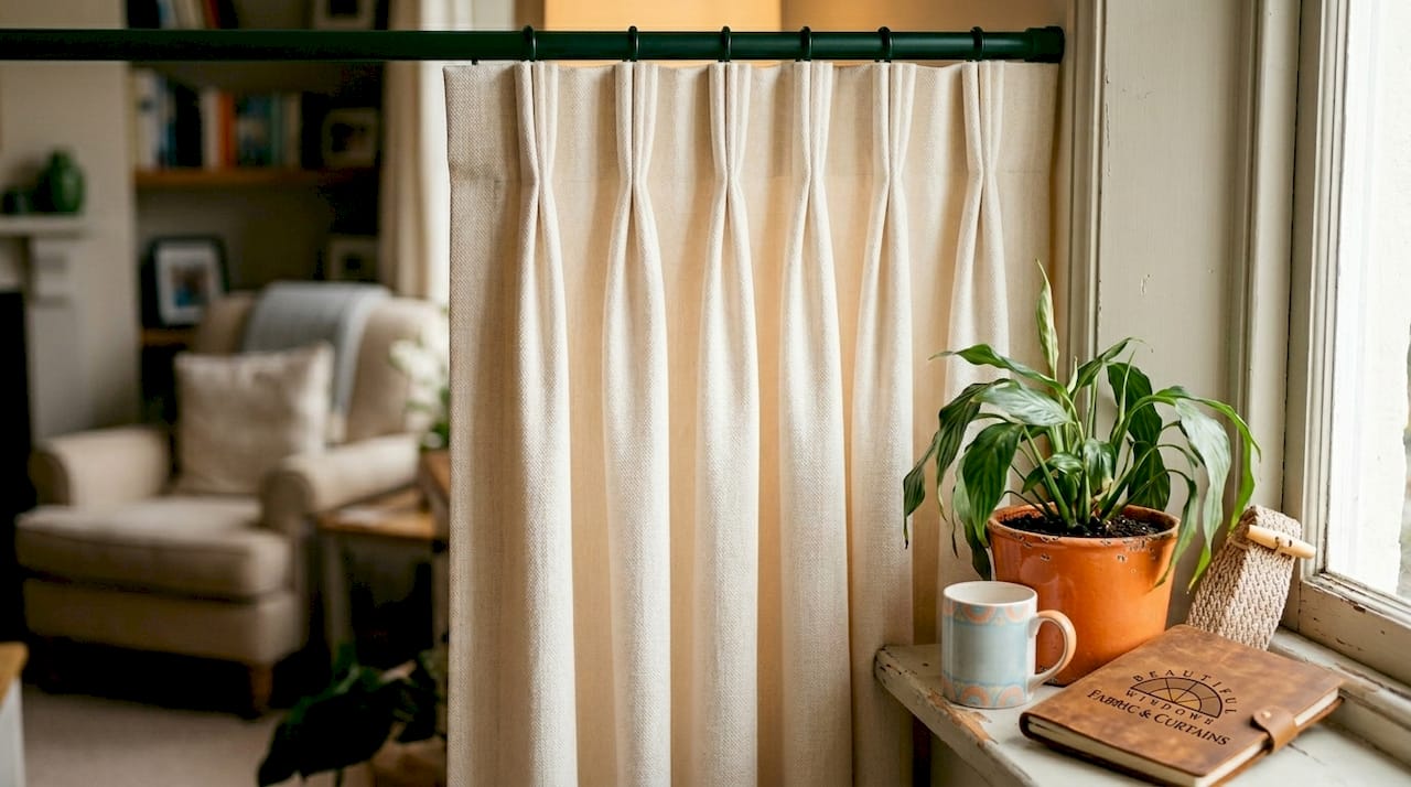 Pinch pleat curtain panel close-up in home office