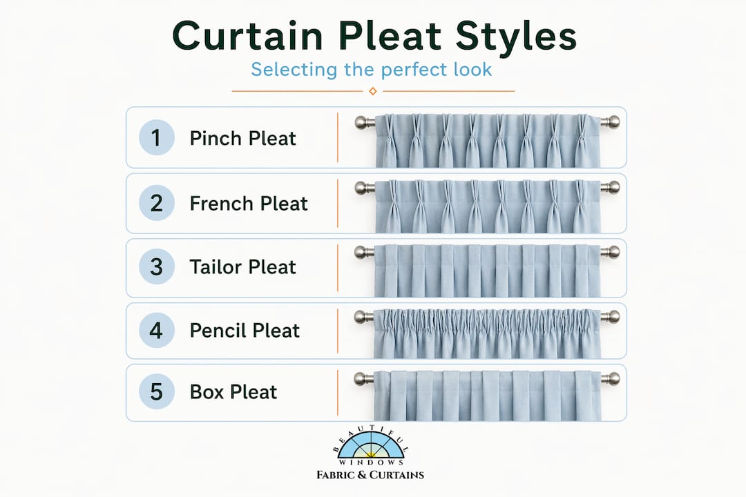 Infographic of five curtain pleat styles vertical list