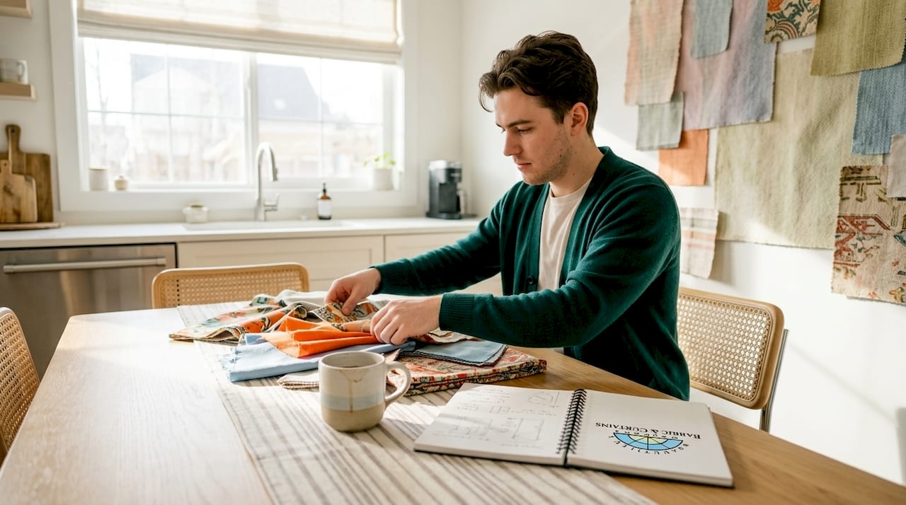 Sorting colorful fabric samples at dining table