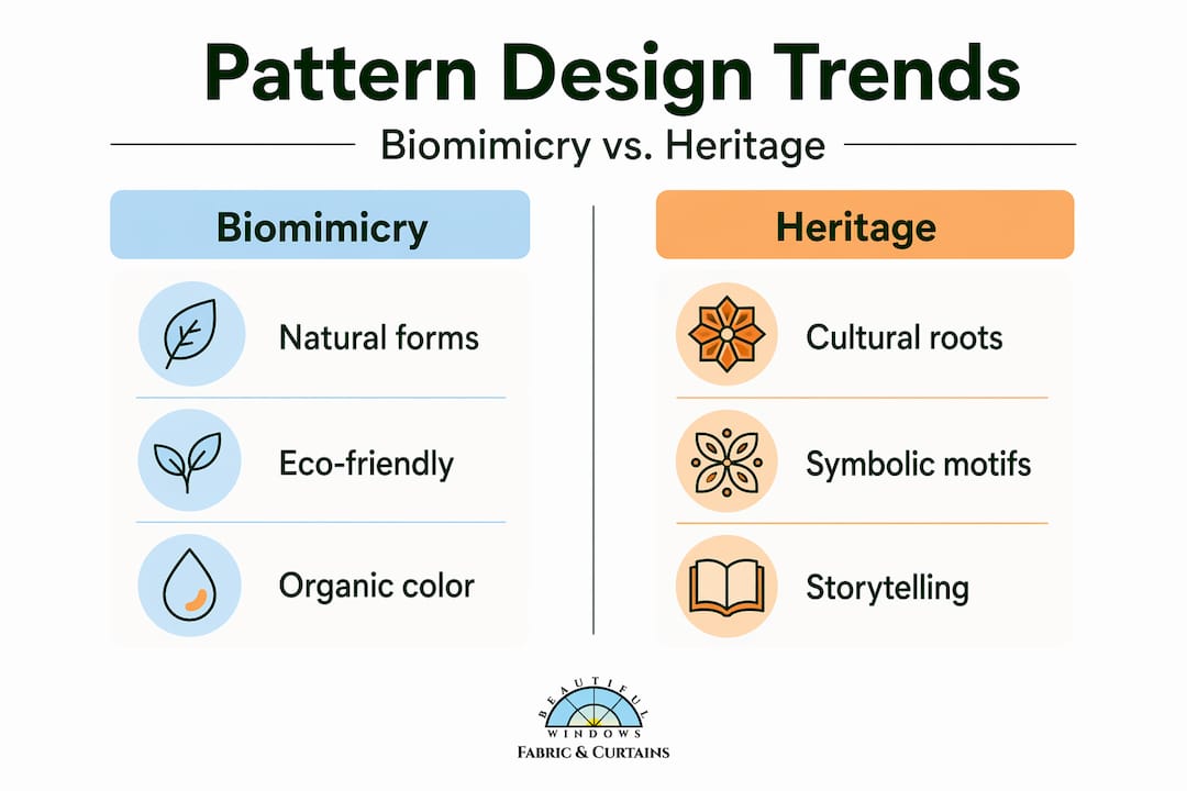 Infographic comparing biomimicry and heritage pattern trends