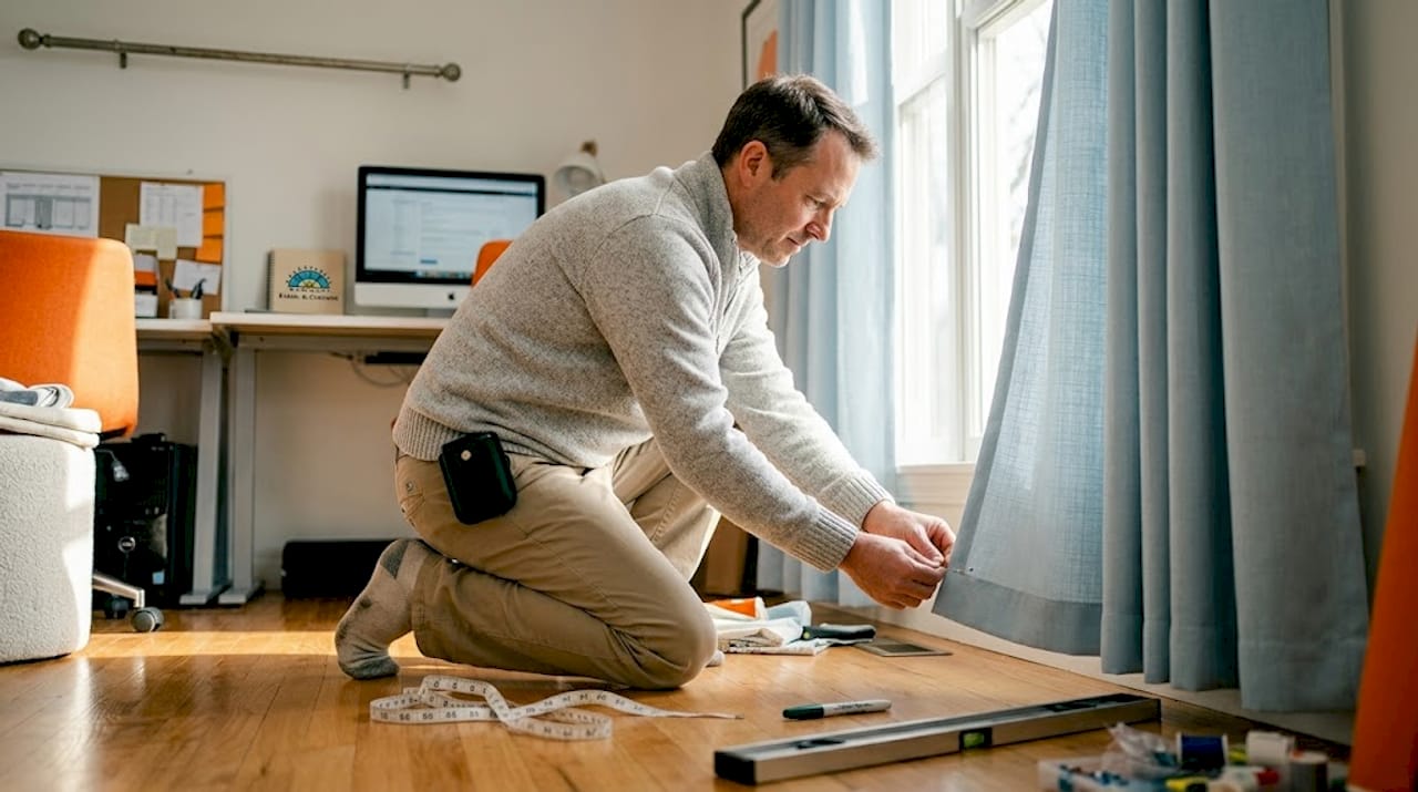 Man adjusting curtain hem near window