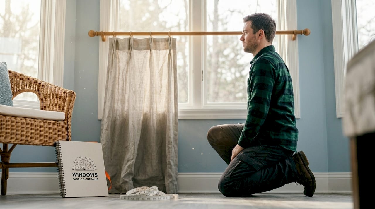 Man comparing drapery fabric quality
