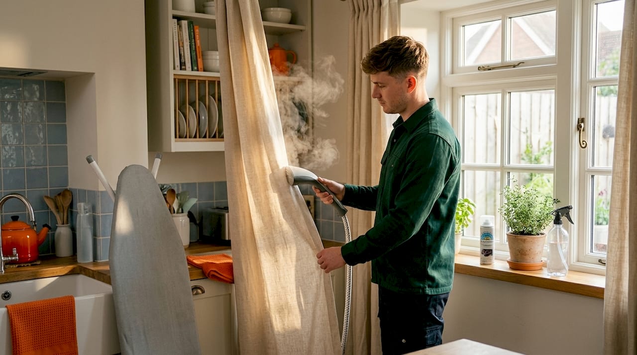 Man steaming wrinkles out of curtains