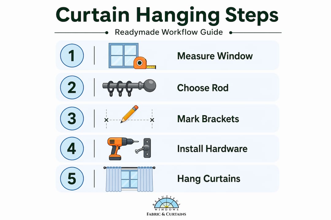 Infographic with numbered curtain hanging steps
