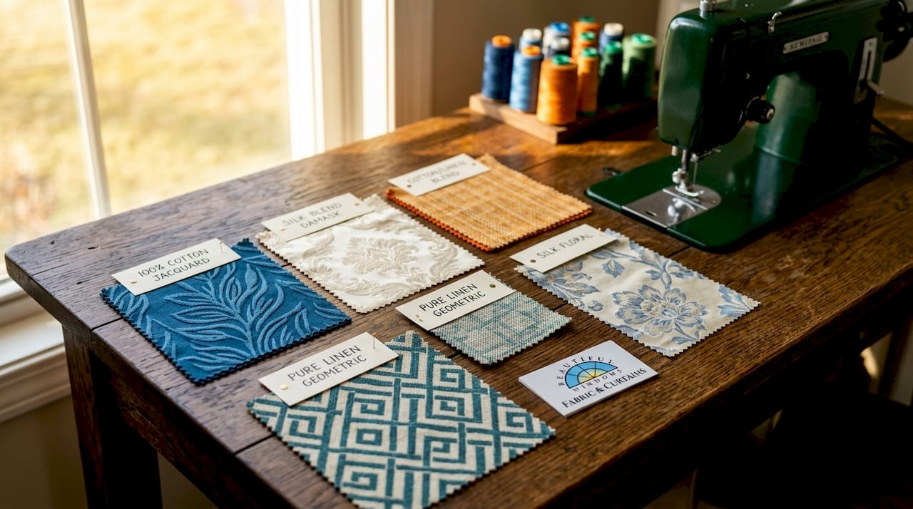 Jacquard fabric swatch samples on table