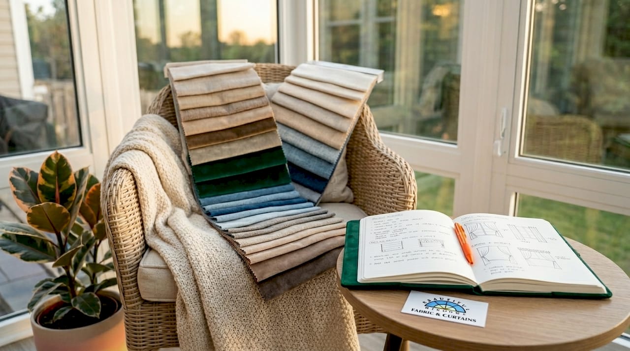 Close-up of fabric swatches on sofa with notes