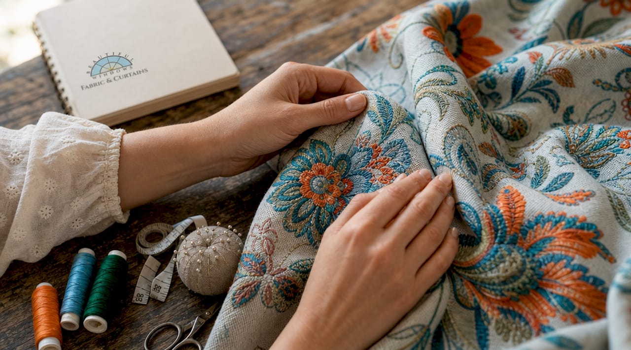 Close-up of hands touching embroidered fabric and threads