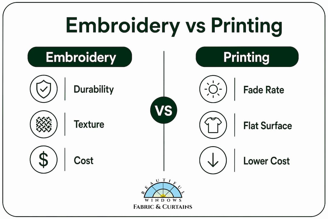 Infographic comparing embroidery and printing for textiles