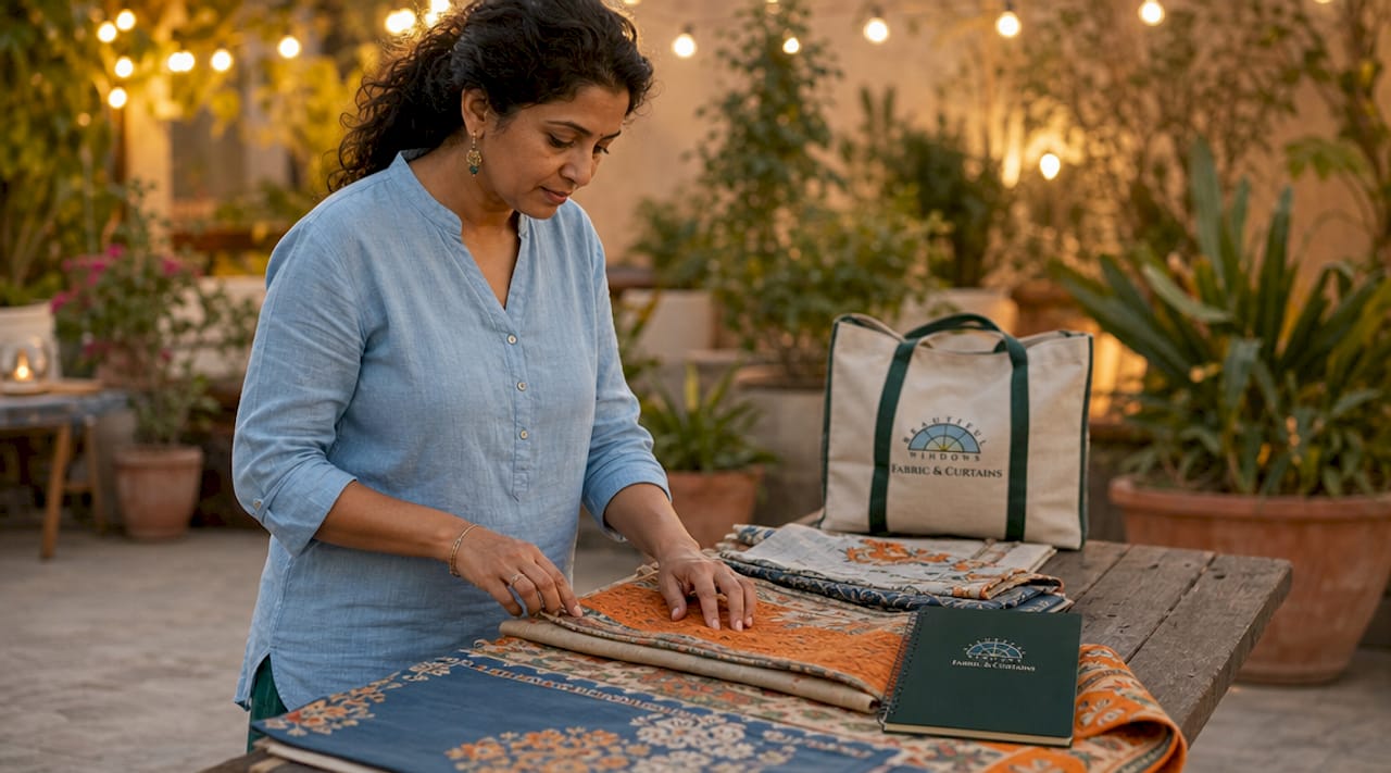 Designer inspecting decorative fabric samples