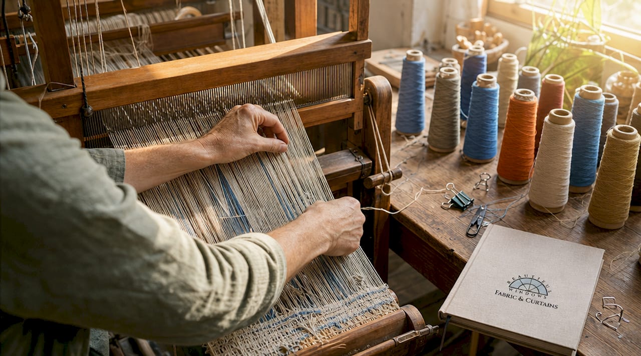 Hands weaving natural fiber textiles on loom