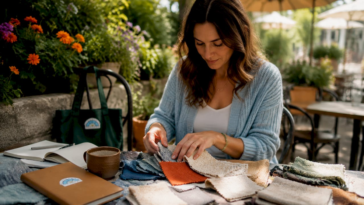 Woman reviewing sustainable fabric swatches