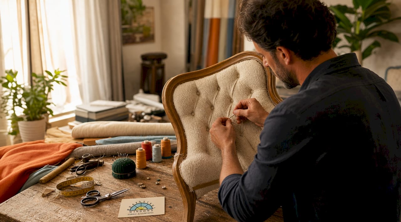 Close-up hands crafting upholstery fabrics