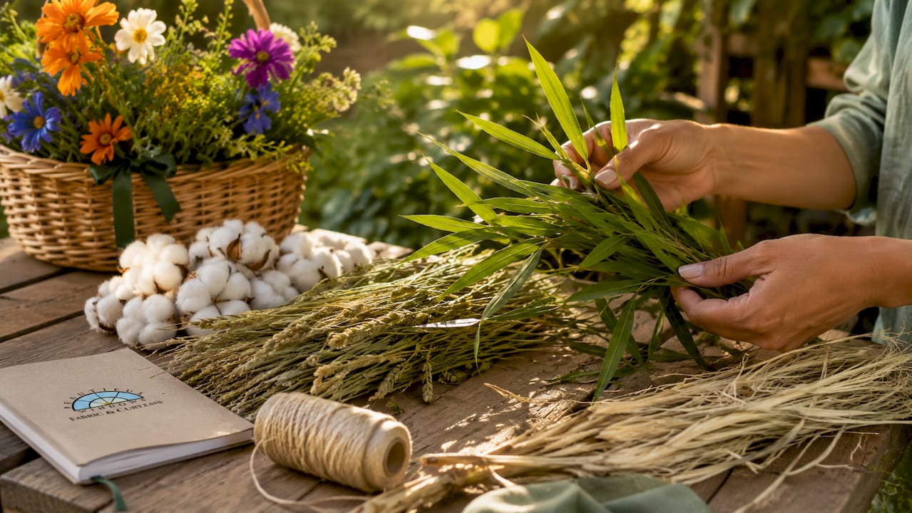 Close-up of organic natural fiber samples on table