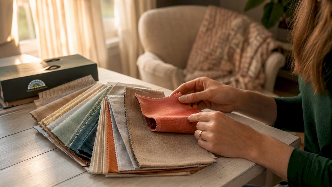 Hands sorting fabric swatches on table