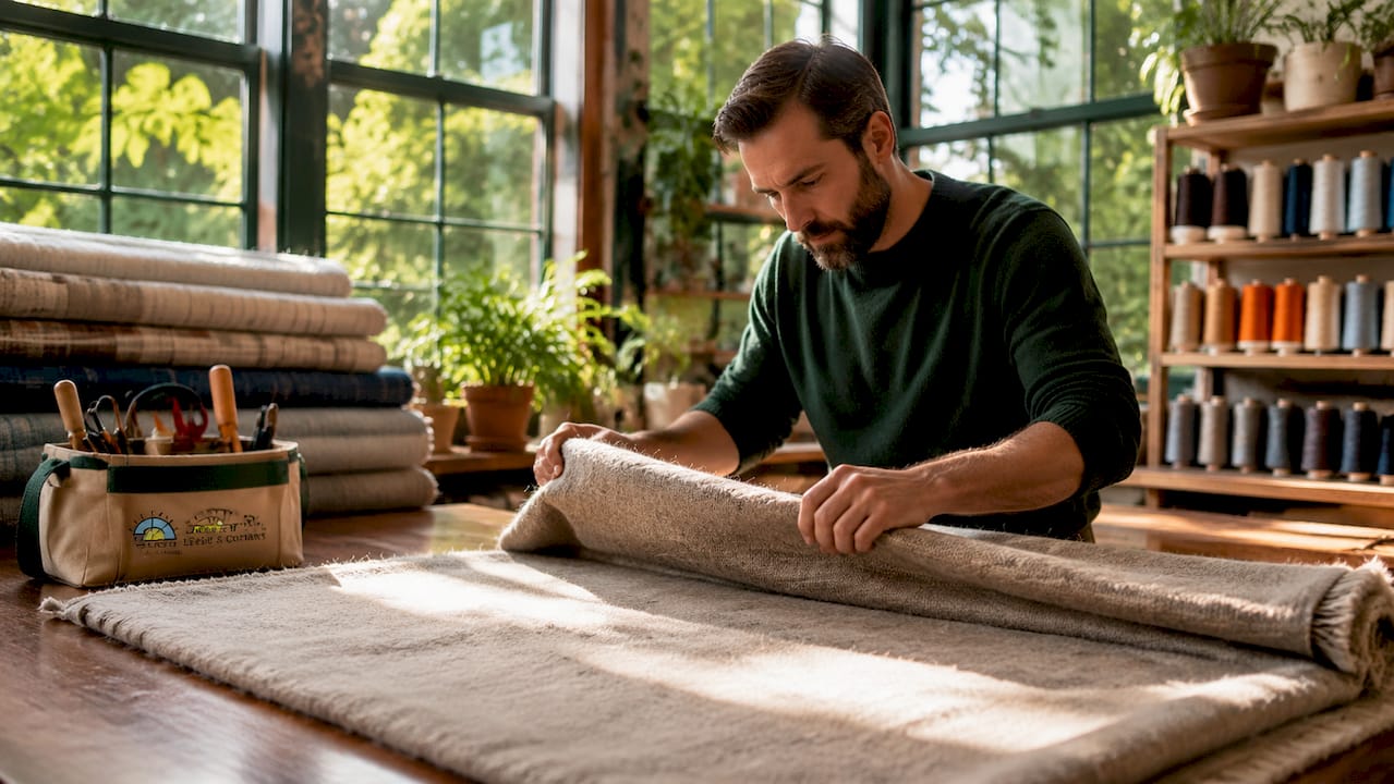 Hands cutting durable wool upholstery fabric
