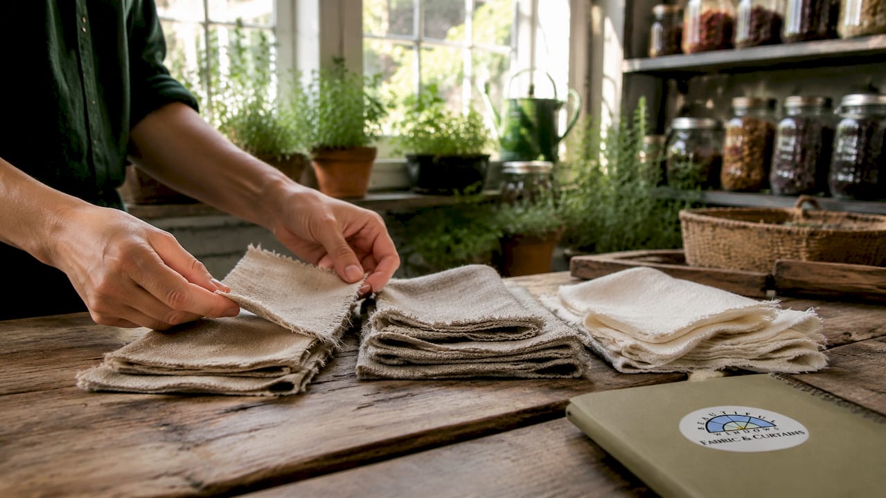 Hands holding sustainable fabric swatches