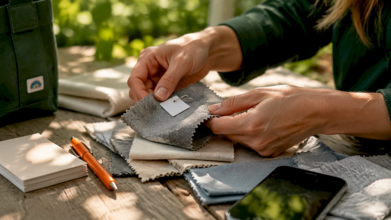 Hands organizing labeled fabric swatches on table