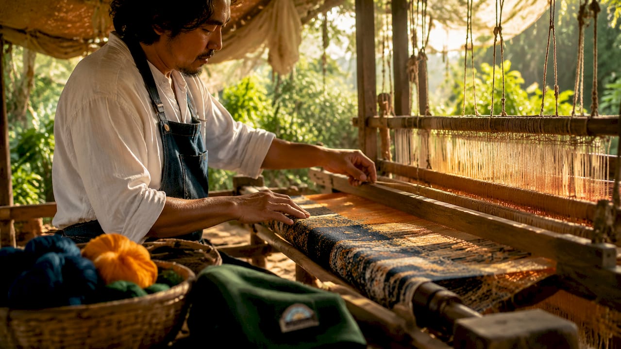 Hands weaving jacquard textile on loom