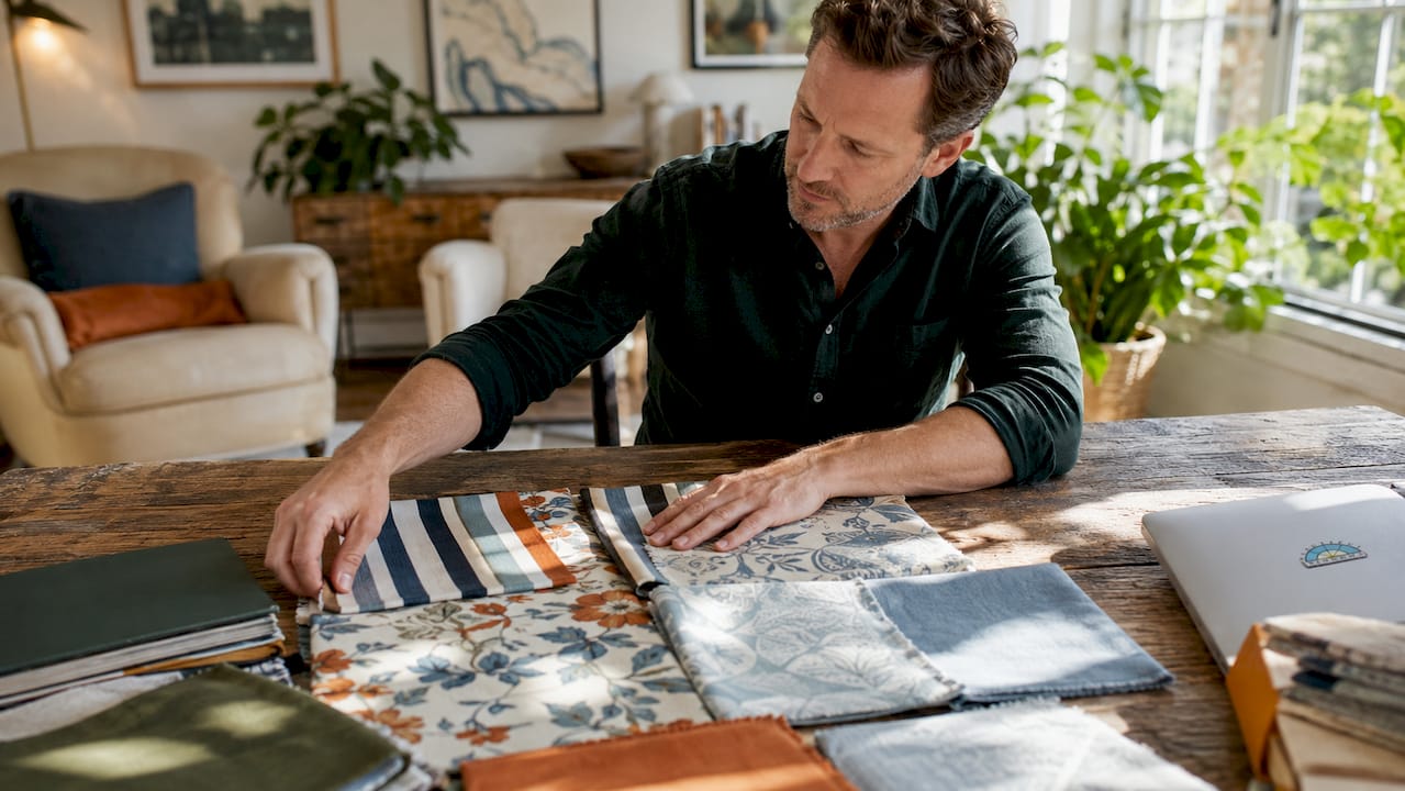 Hands arranging patterned fabric swatches on table