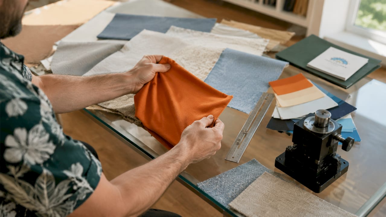 Hands testing upholstery fabric durability