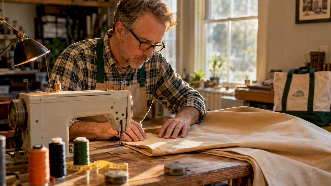 Hands sewing duck canvas on machine