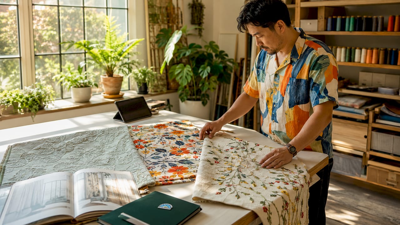 Handcrafted patterned curtain fabric samples close-up